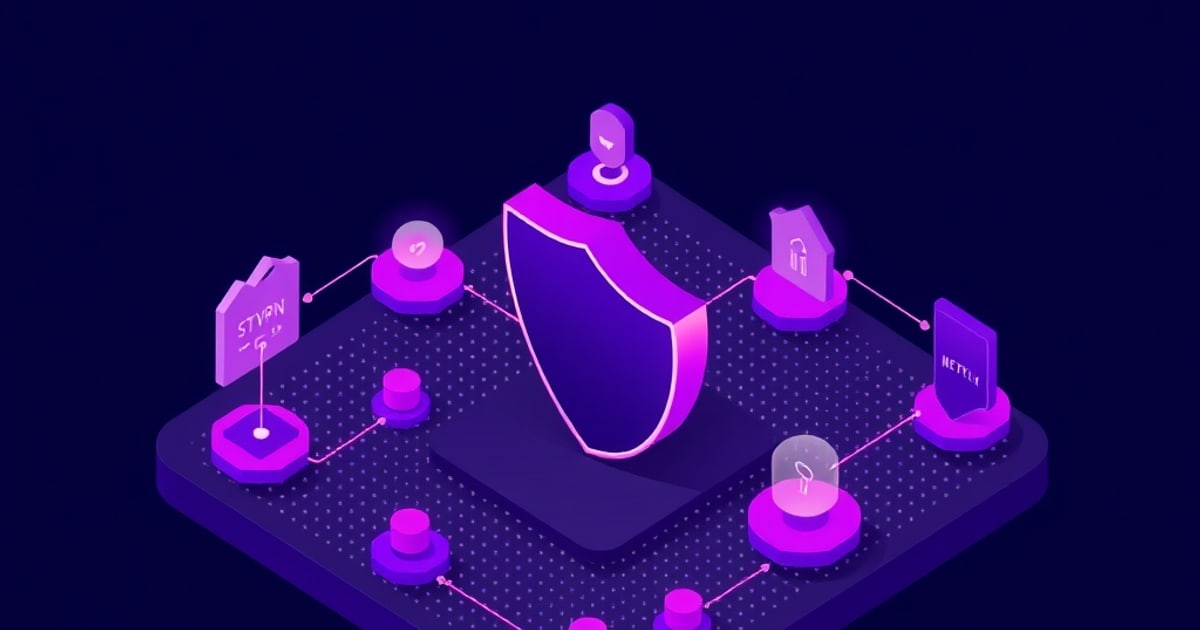 Isometric illustration of a VPN tunnel connecting a streaming device to multiple global Netflix server locations